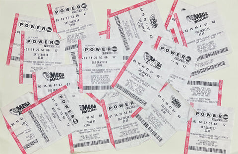 a collage of Mega Millions tickets and Power Ball tickets 