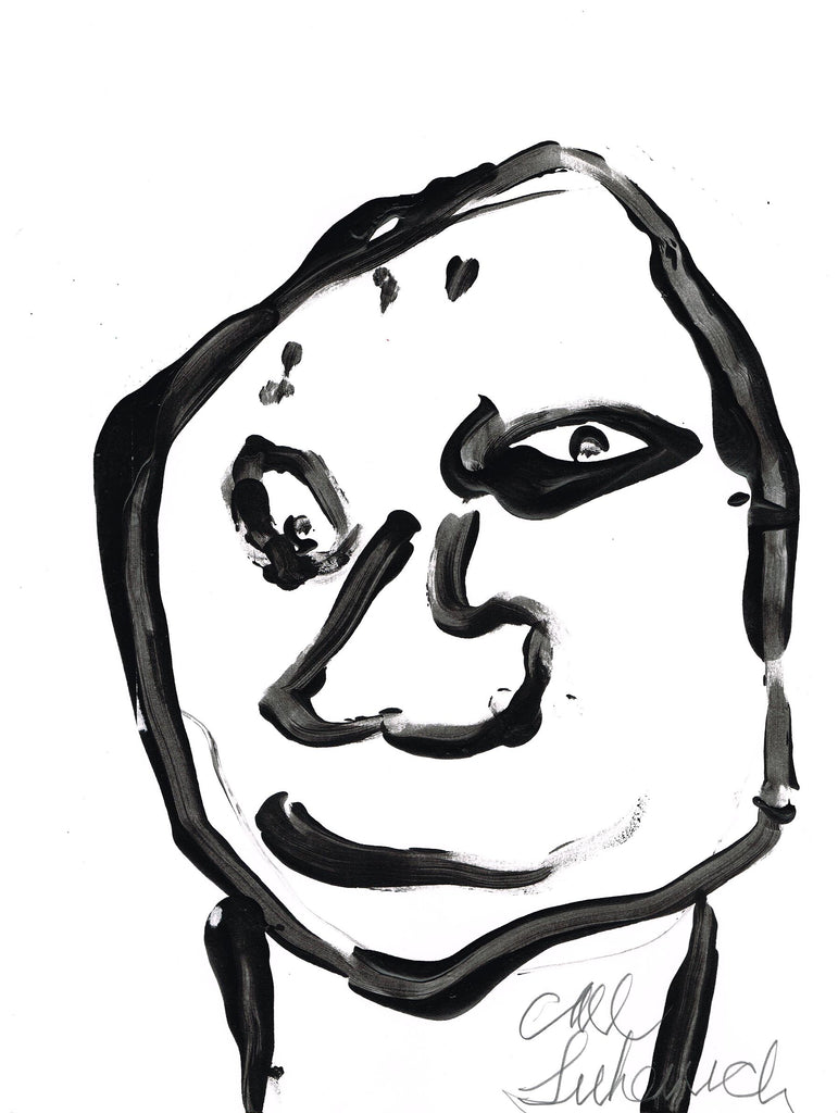 A head and neck with eyes, wide nose, a smirky smile drawn with paint of different brush strokes and thickness