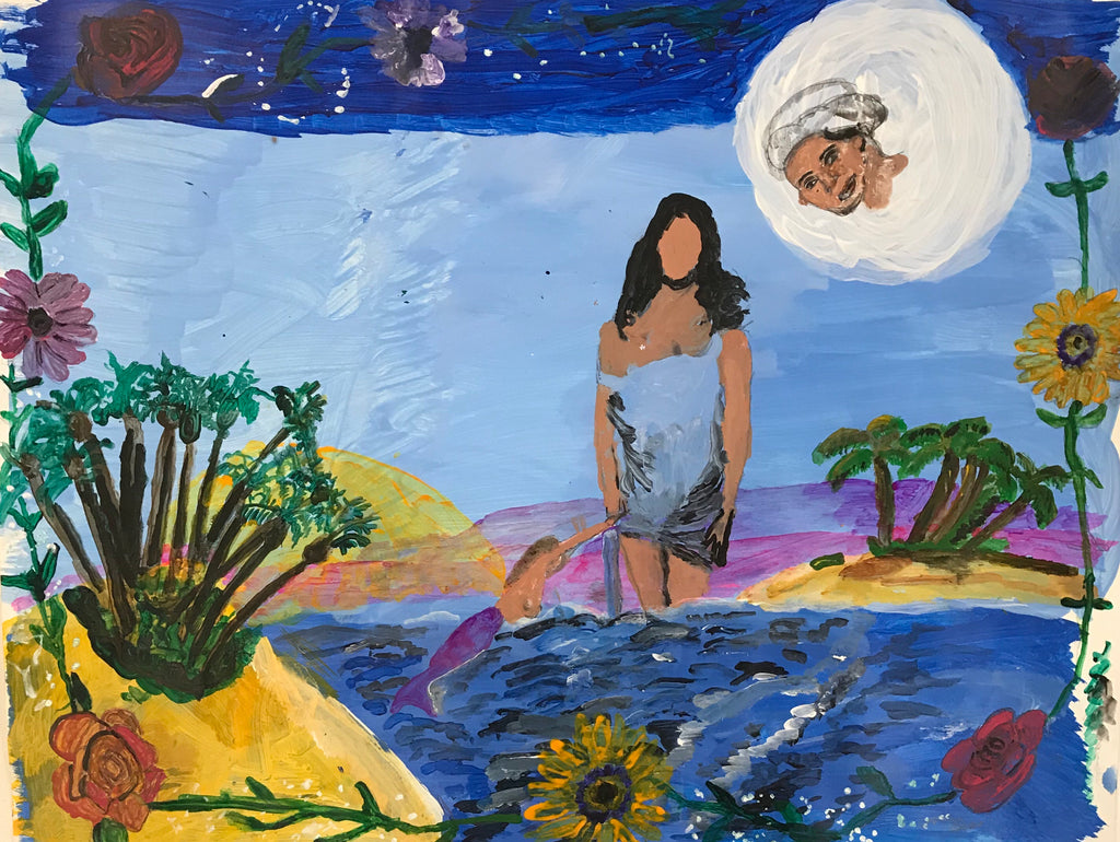 A painting of faceless goddess Yemaya standing in water facing forward towards the viewer. A mermaid reaches up to her from the water below her. The goddess is surrounded by water, sand, plants and flowers with blue sky in the background. The goddess' face is reflected in the moon above the goddess.  Each side of the painting has vines of flowers. 