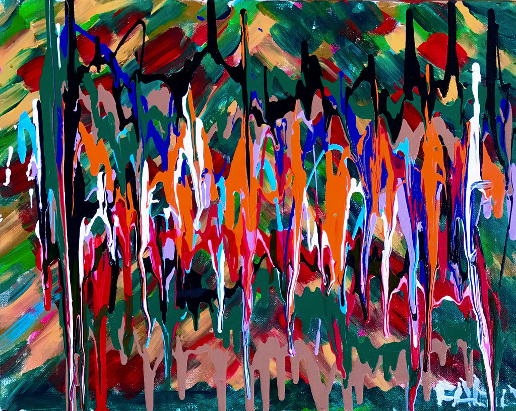 A 14 inch by 18-inch abstract painting with acrylic paints of various dark colors in the background are applied with a flat paintbrush in dashes of 1/2 inch to an inch wide in slash movement moving outward from the center.  Across the center of the painting, a top layer of paint is applied in jagged layers of dripping paints of bright color.