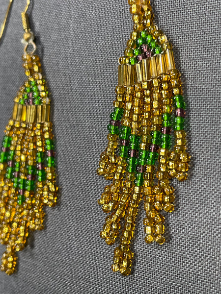 Beaded Earrings-gold and green beads