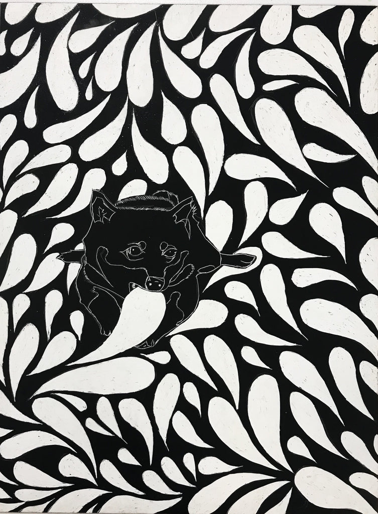 A drawing created by scratching into a board with black ink and a white undercoat.  A small dog appears to be eating a leaf while surrounded by a pattern of leaves of different sizes on all sides of the dog.